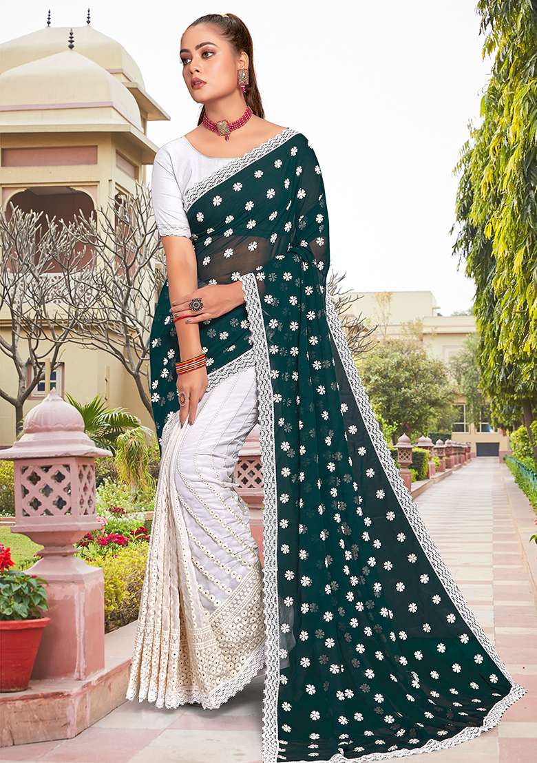 Morpeach White Georgette Saree Set with Embroidery for Diwali | Wedding & Festive Wear - Indya