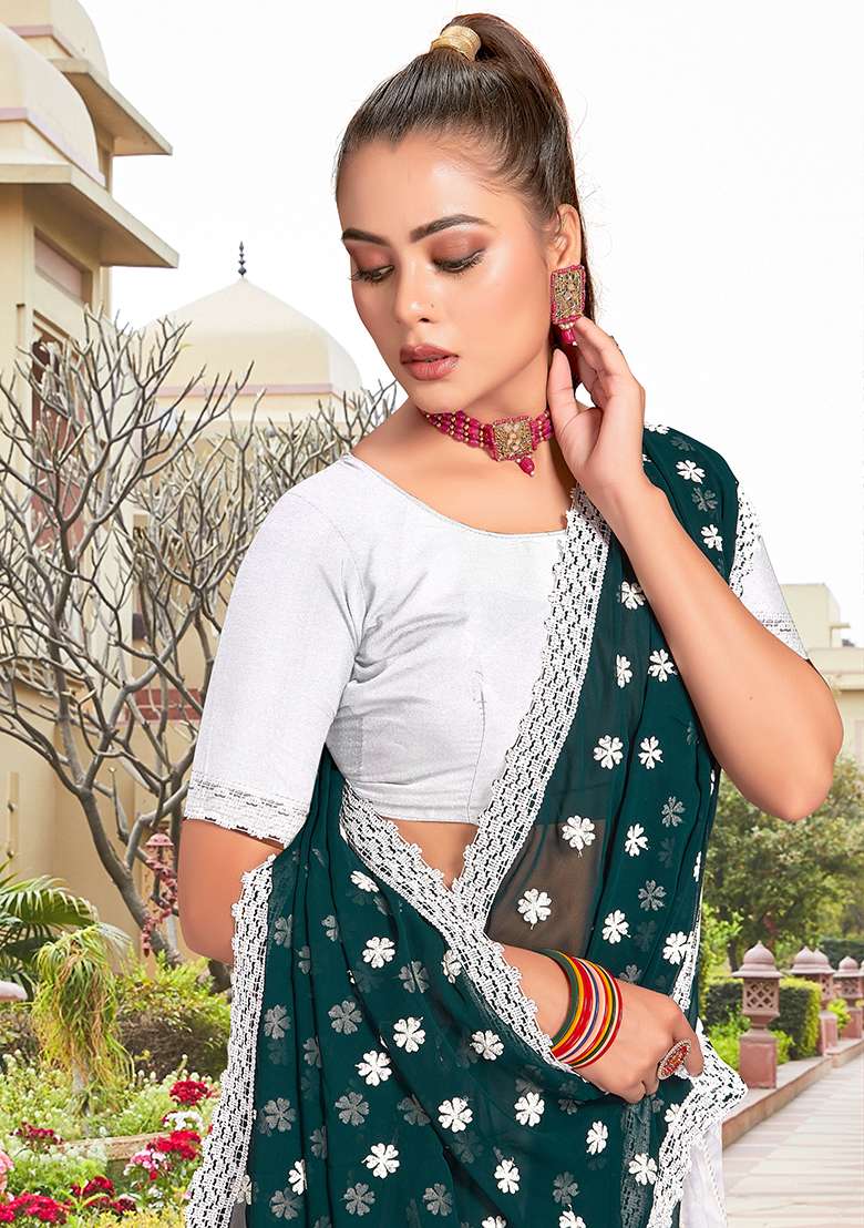 Morpeach White Georgette Saree Set with Embroidery for Diwali | Wedding & Festive Wear - Indya