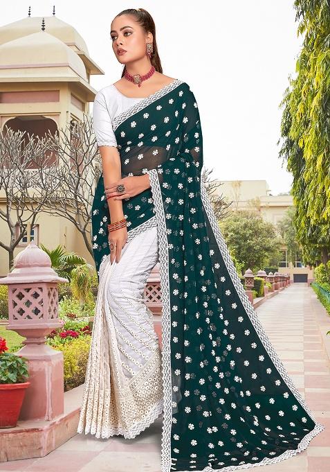 Morpeach White Embroidery Georgette Saree Set