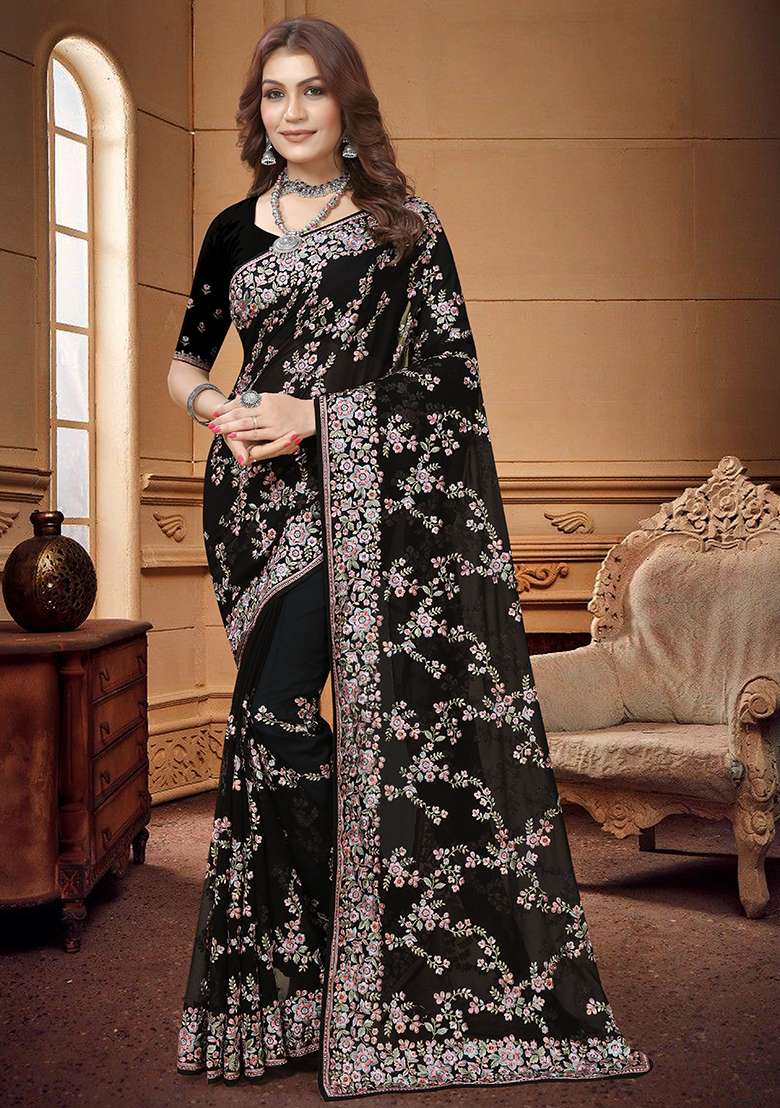 Black Embroidery Georgette Saree Set for Diwali and Festive Wear - Indya