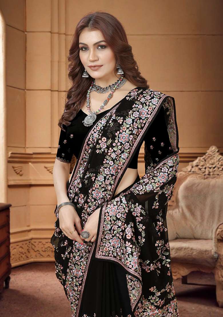 Black Embroidery Georgette Saree Set for Diwali and Festive Wear - Indya