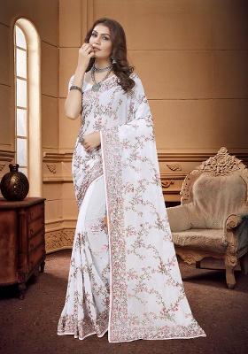 White Embroidery Georgette Saree Set