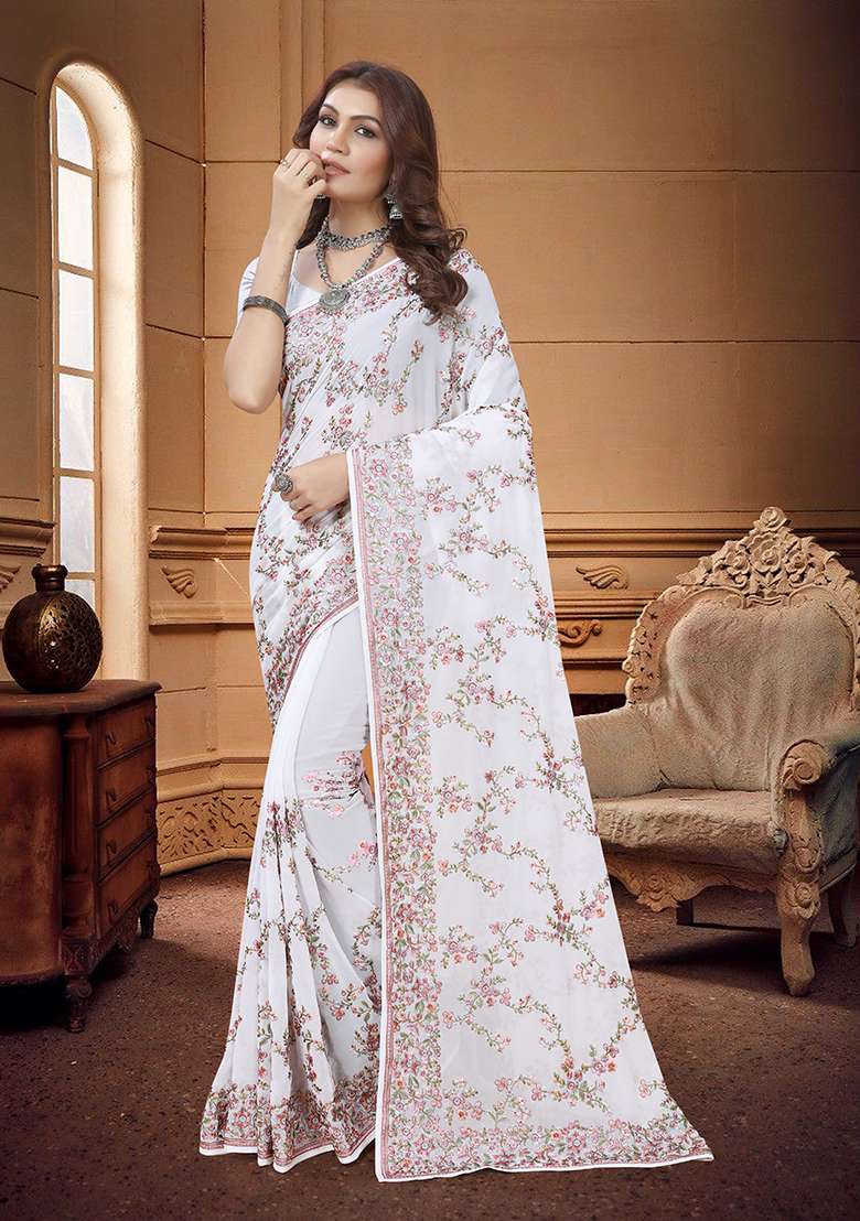 White Embroidery Georgette Saree Set for Diwali and Festive Wear - Indya