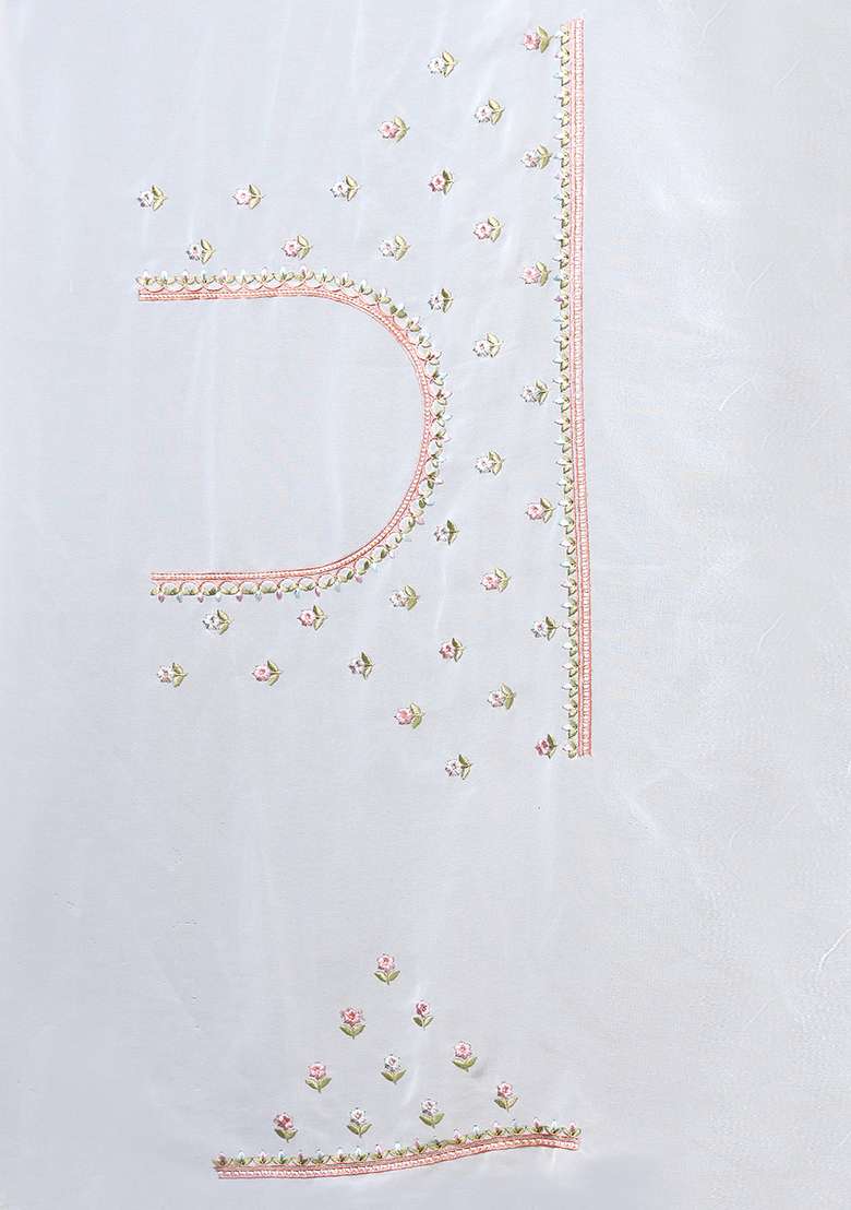 White Embroidery Georgette Saree Set for Diwali and Festive Wear - Indya