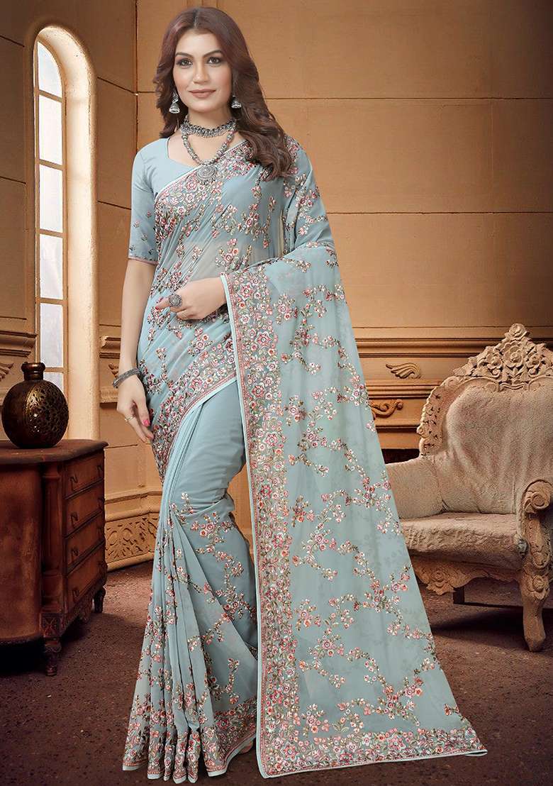 Sea Green Embroidery Georgette Saree Set for Diwali and Festive Wear - Indya