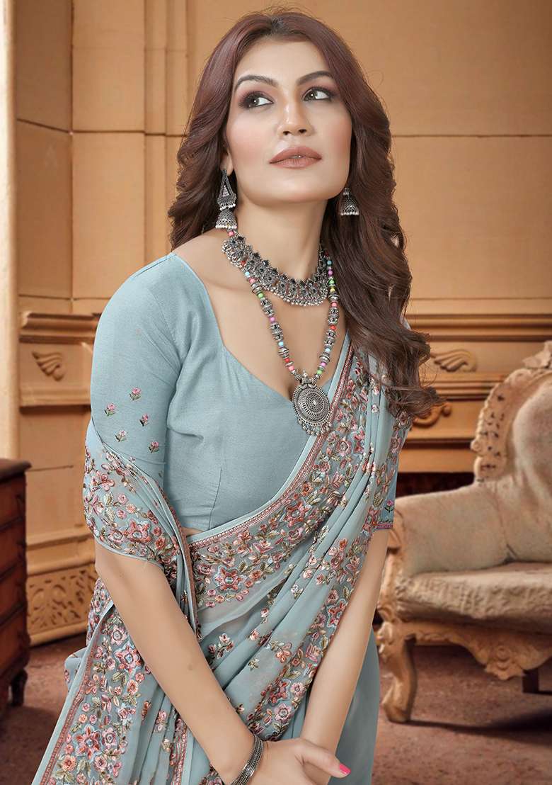 Sea Green Embroidery Georgette Saree Set for Diwali and Festive Wear - Indya