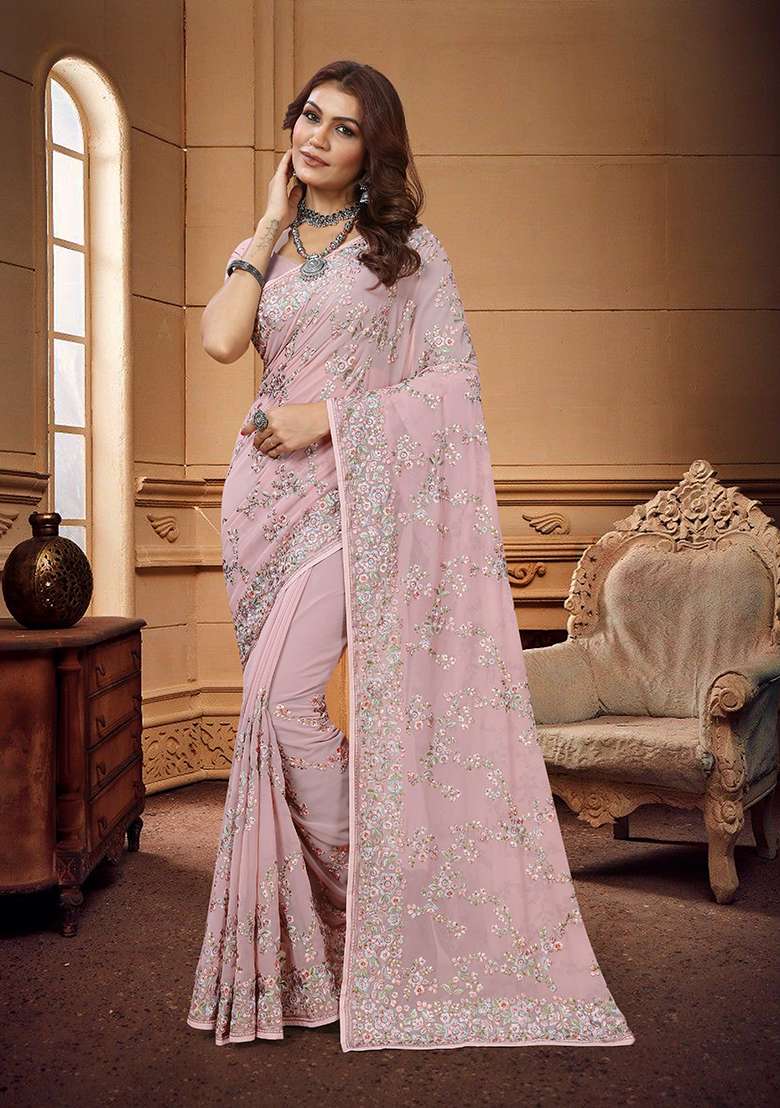Dusty Pink Georgette Saree Set with Embroidery for Diwali | Wedding & Festive Wear - Indya