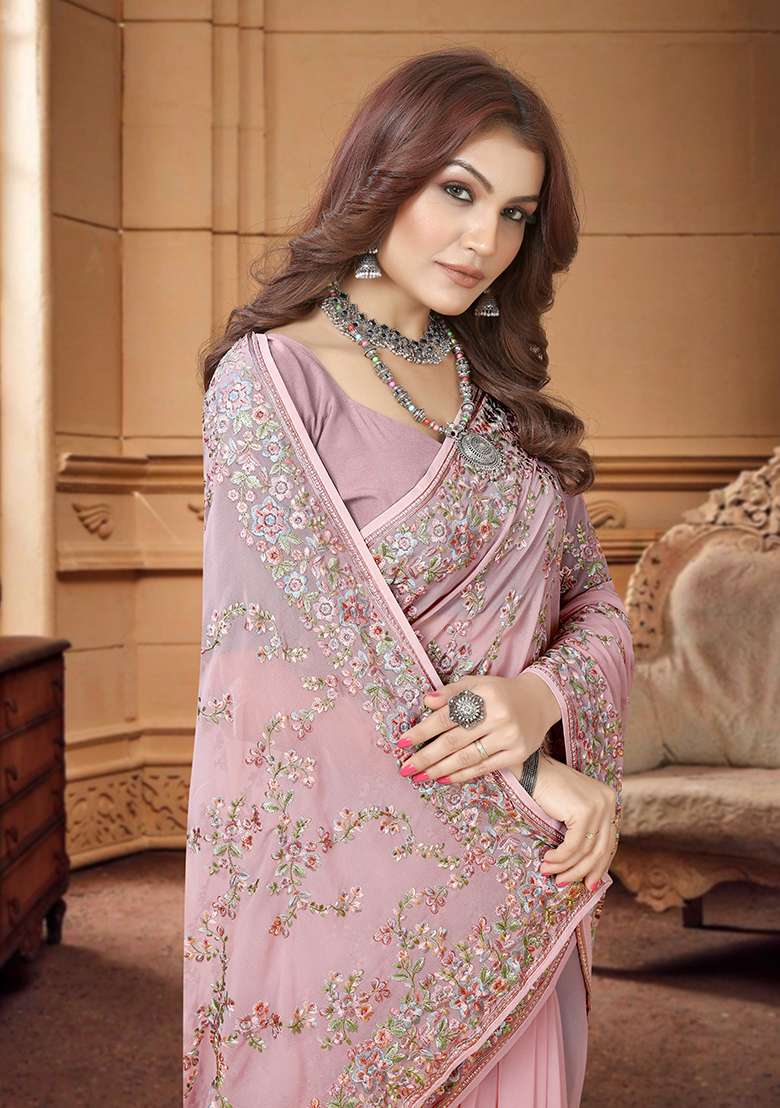 Dusty Pink Georgette Saree Set with Embroidery for Diwali | Wedding & Festive Wear - Indya