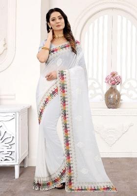 White Embroidery Georgette Saree Set