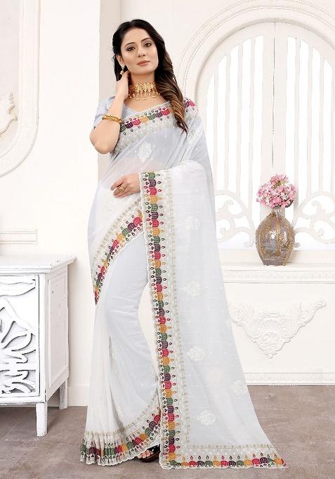 White Embroidery Georgette Saree Set