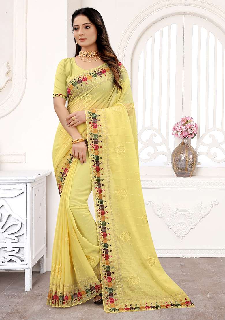 Yellow Georgette Saree Set with Embroidery for Diwali | Wedding & Festive Wear - Indya