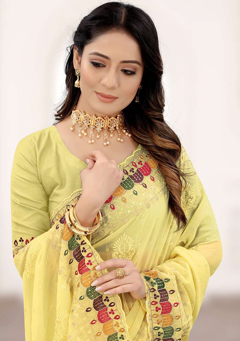 Yellow Georgette Saree Set with Embroidery for Diwali | Wedding & Festive Wear - Indya