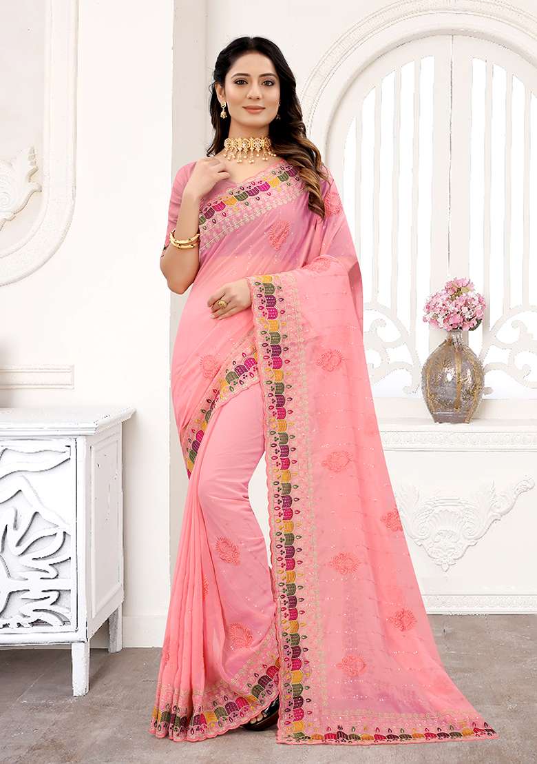 Peach Embroidery Georgette Saree Set for Diwali and Festive Wear - Indya