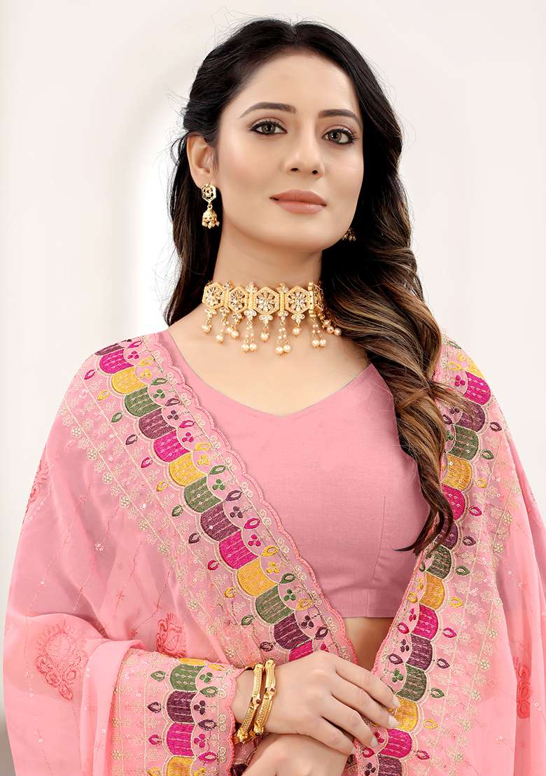 Peach Embroidery Georgette Saree Set for Diwali and Festive Wear - Indya