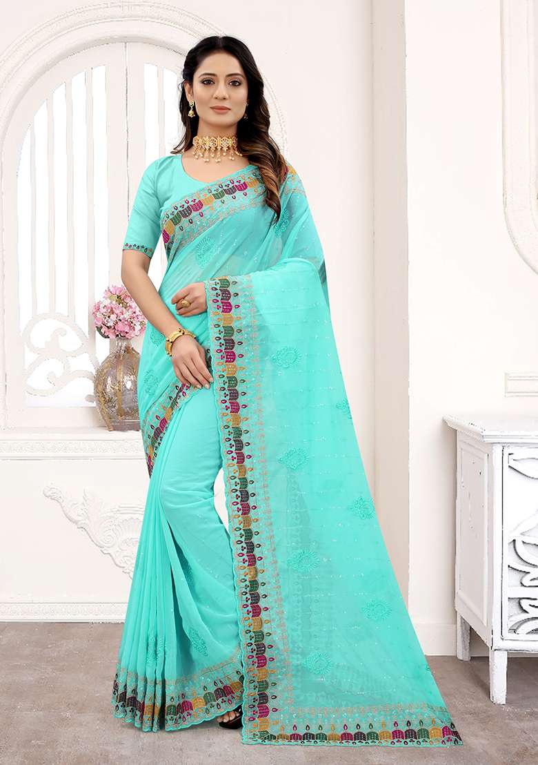 Sky Georgette Saree Set with Embroidery for Diwali | Wedding & Festive Wear - Indya