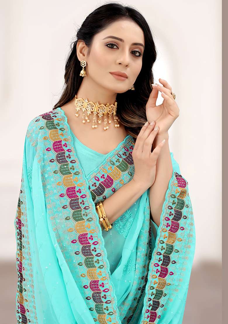 Sky Georgette Saree Set with Embroidery for Diwali | Wedding & Festive Wear - Indya