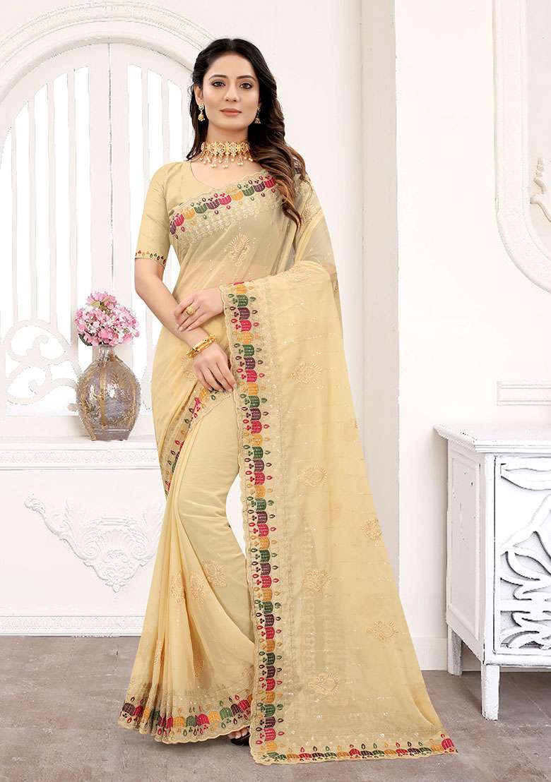 Chiku Georgette Saree Set with Embroidery for Diwali | Wedding & Festive Wear - Indya
