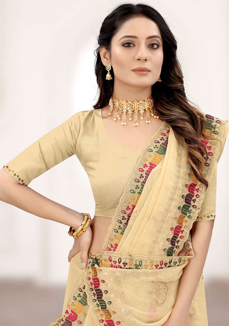 Chiku Georgette Saree Set with Embroidery for Diwali | Wedding & Festive Wear - Indya