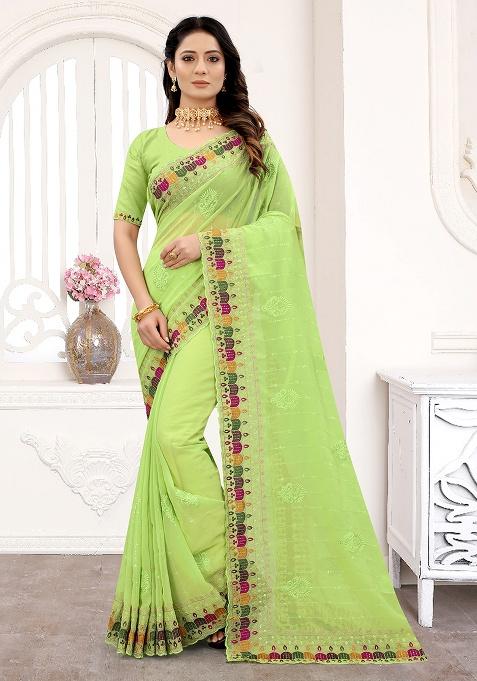 Pista Embroidery Georgette Saree Set