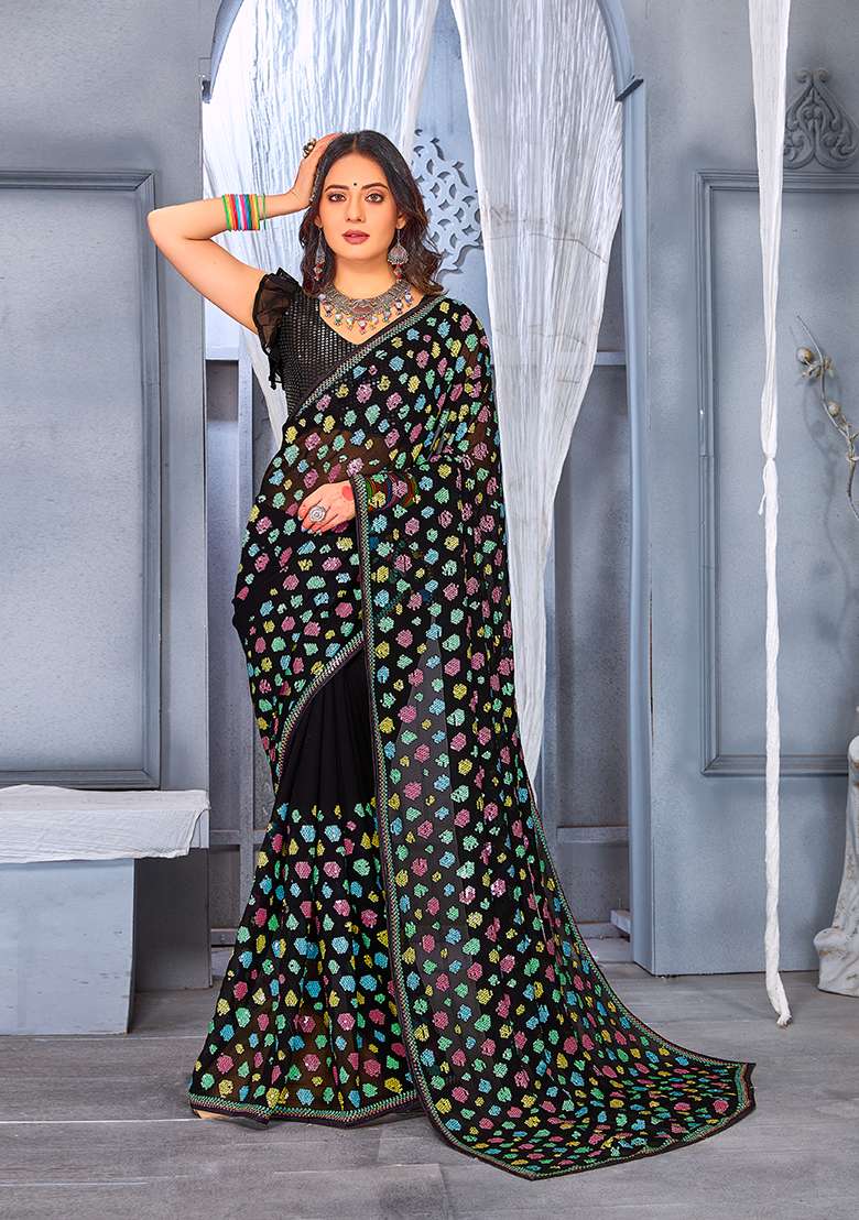 Black Embroidery Georgette Saree Set - Indya