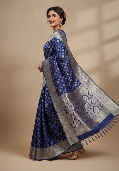 Blue Embroidery Silk Saree Set