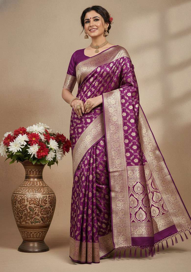 Wine Embroidery Silk Blend Saree Set - Indya