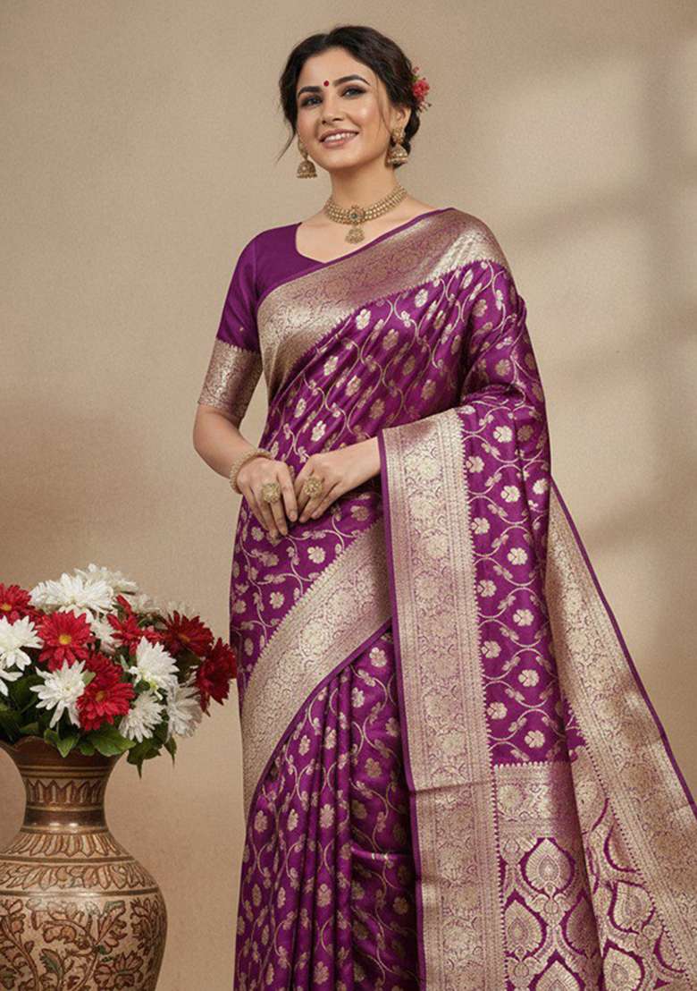 Wine Embroidery Silk Blend Saree Set - Indya