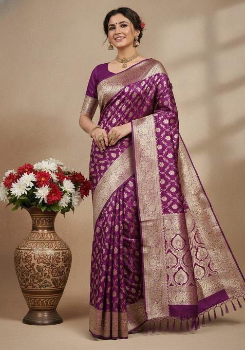 Wine Embroidery Silk Saree Set