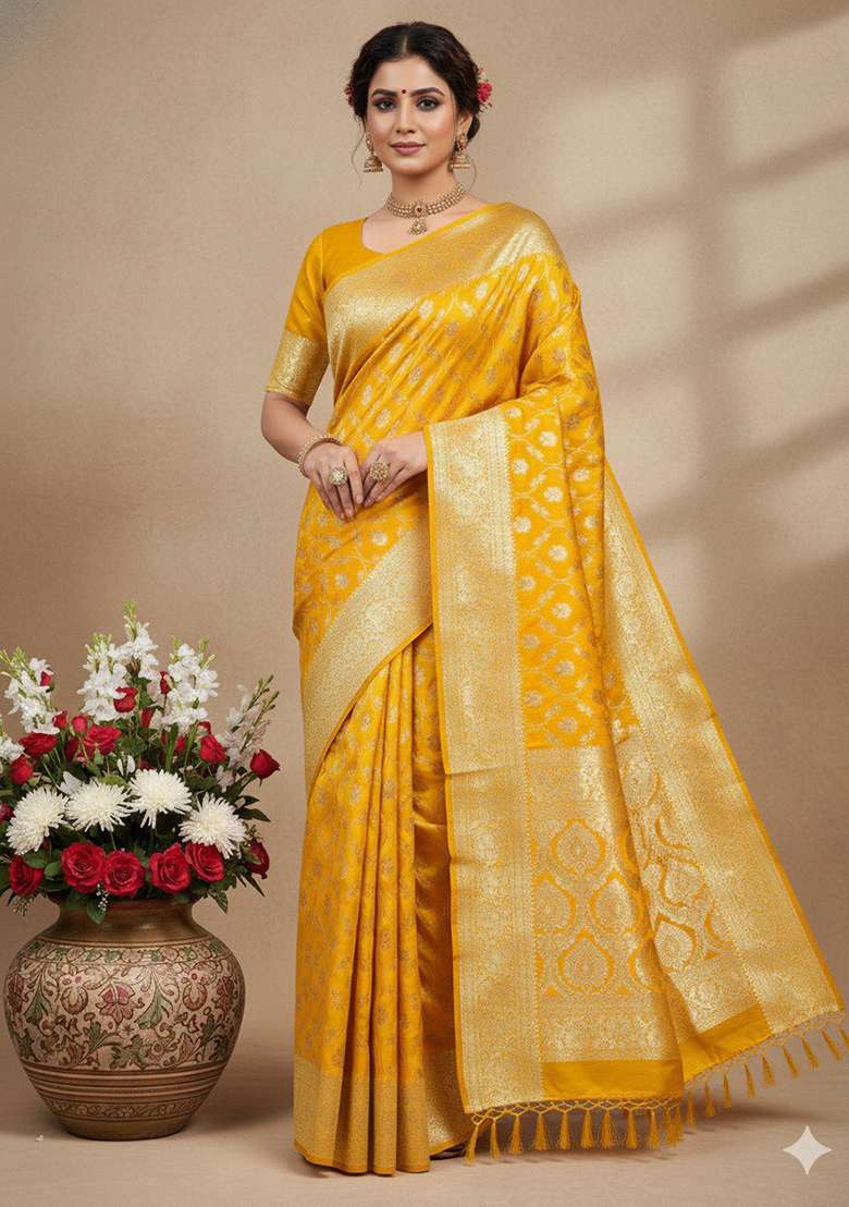 Yellow Embroidery Silk Blend Saree Set - Indya