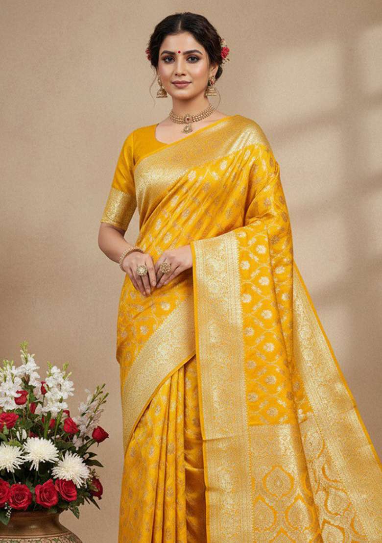 Yellow Embroidery Silk Blend Saree Set - Indya