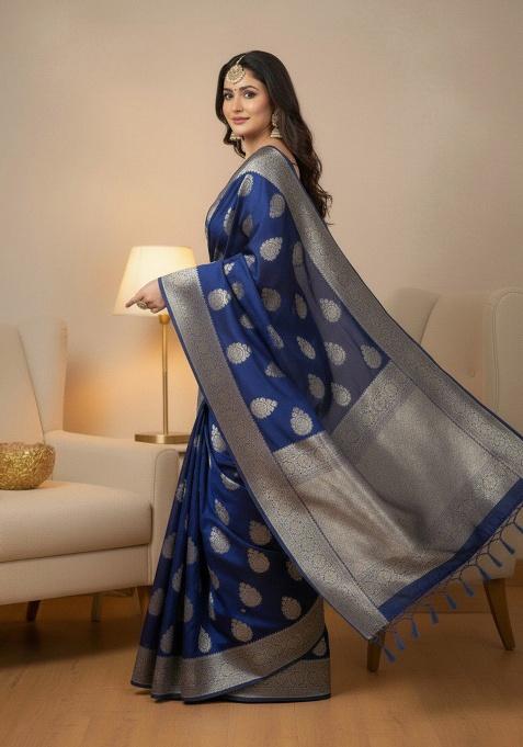 Blue Embroidery Silk Saree Set