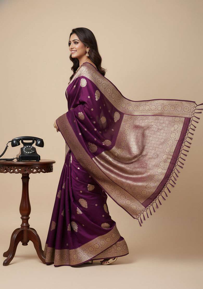 Wine Embroidery Silk Blend Saree Set - Indya