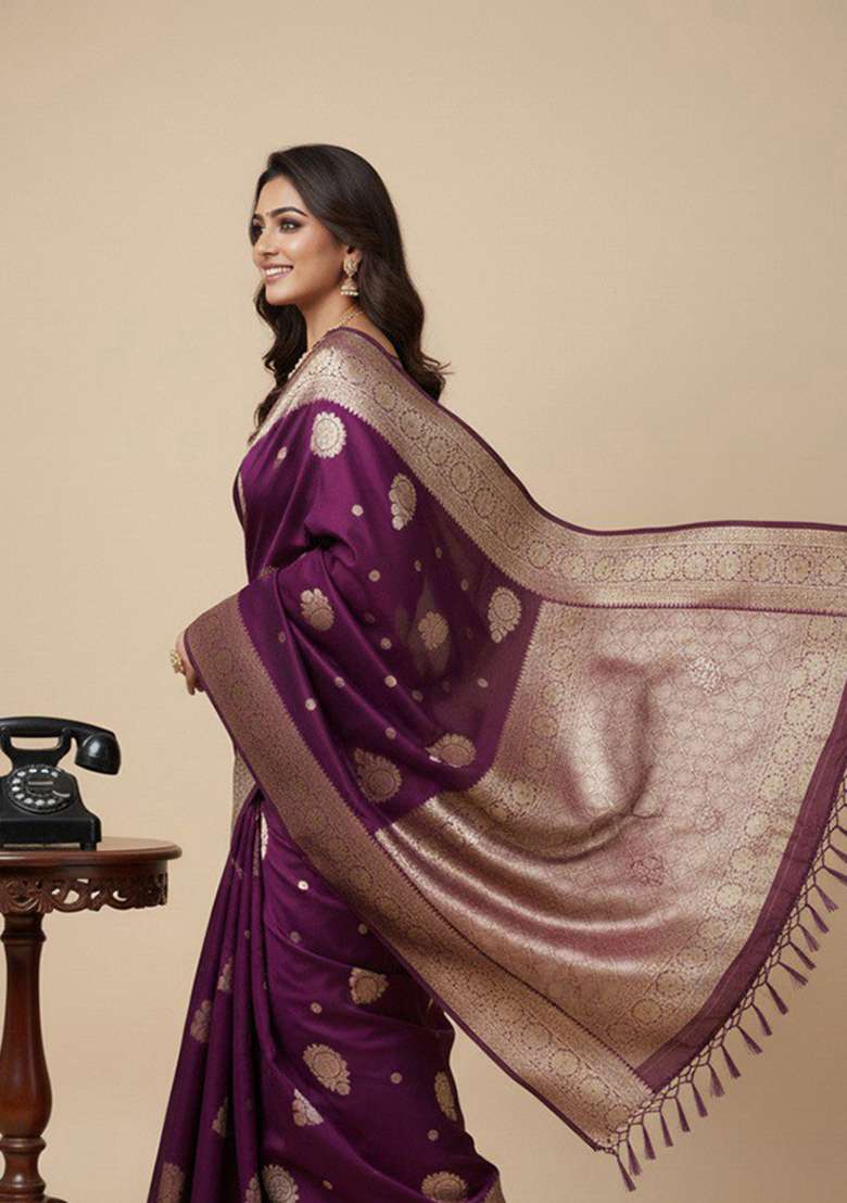 Wine Embroidery Silk Blend Saree Set - Indya