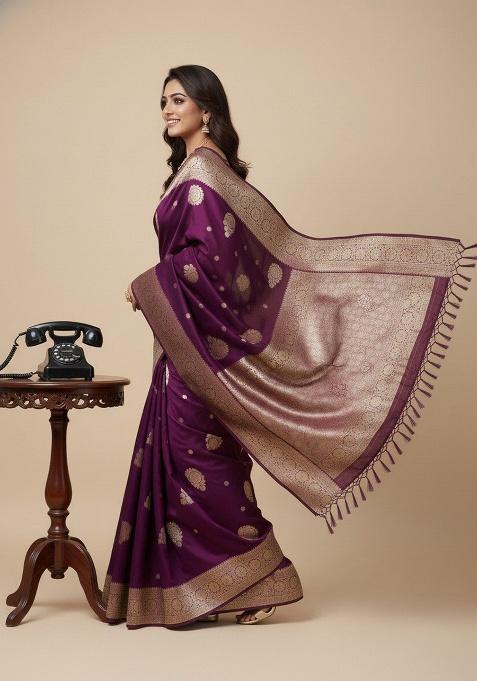 Wine Embroidery Silk Saree Set