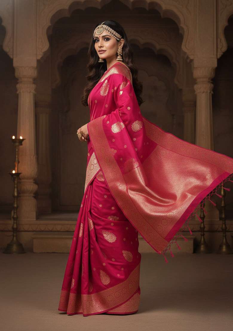 Magenta Embroidery Silk Blend Saree Set - Indya