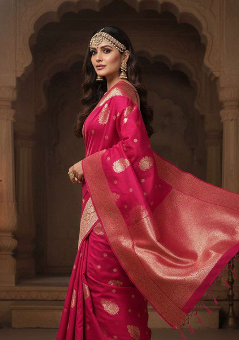 Magenta Embroidery Silk Blend Saree Set - Indya