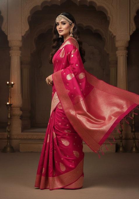 Magenta Embroidery Silk Saree Set