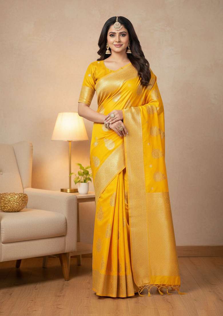 Yellow Embroidery Silk Blend Saree Set - Indya