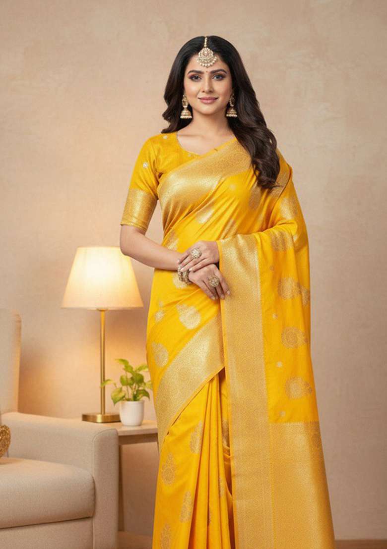 Yellow Embroidery Silk Blend Saree Set - Indya