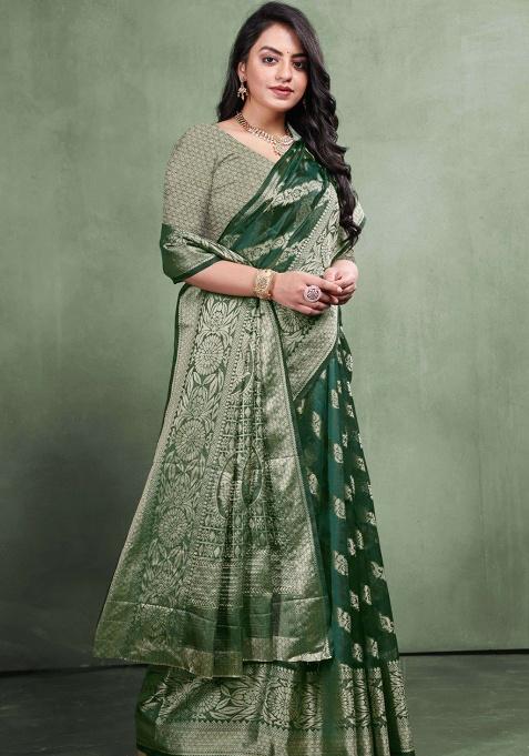 Green Embroidery Silk Saree Set