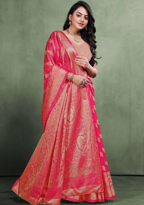 Pink Embroidery Silk Saree Set