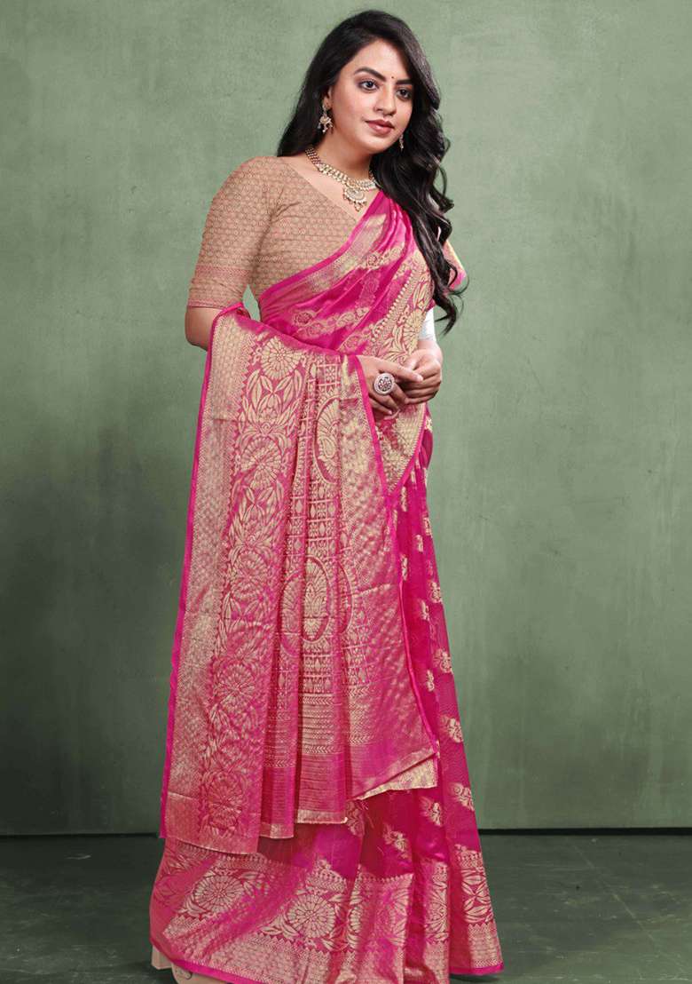 Magenta Embroidery Silk Blend Saree Set - Indya