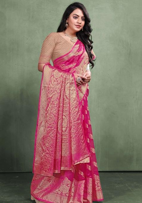 Magenta Embroidery Silk Saree Set