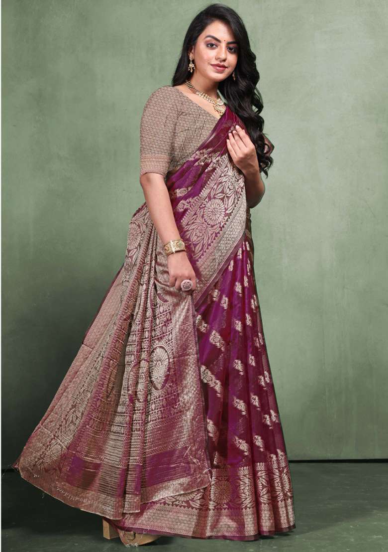 Wine Embroidery Silk Blend Saree Set - Indya