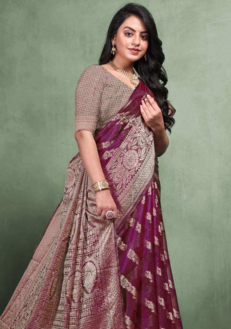 Wine Embroidery Silk Blend Saree Set - Indya