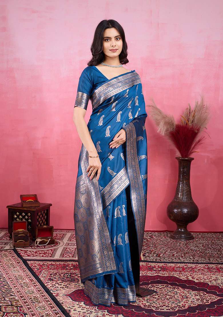 Teal Blue Embroidery Silk Blend Saree Set - Indya