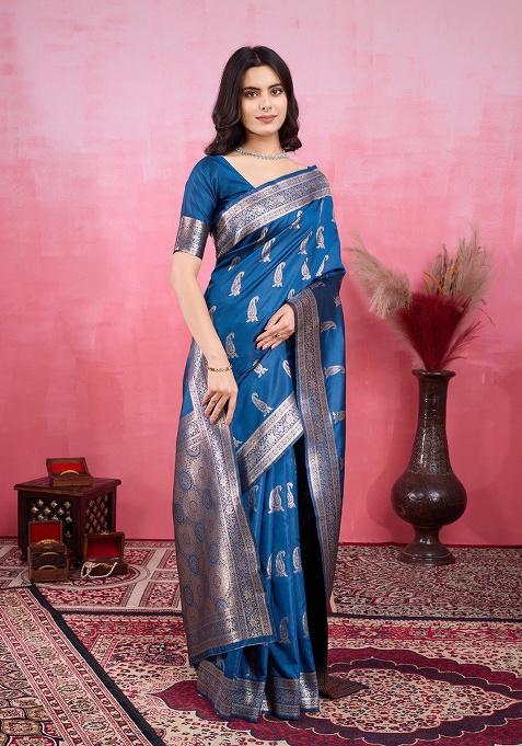 Teal Blue Embroidery Silk Saree Set
