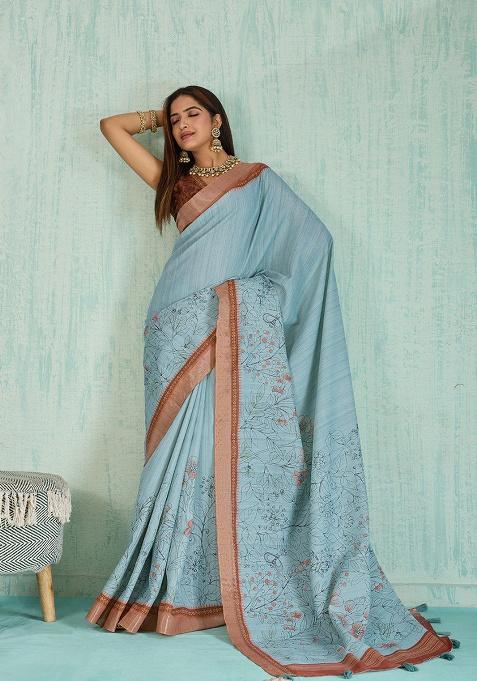 Sky Embroidery Silk Saree Set