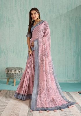 Peach Embroidery Silk Saree Set
