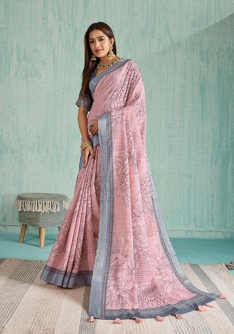Peach Embroidery Silk Saree Set
